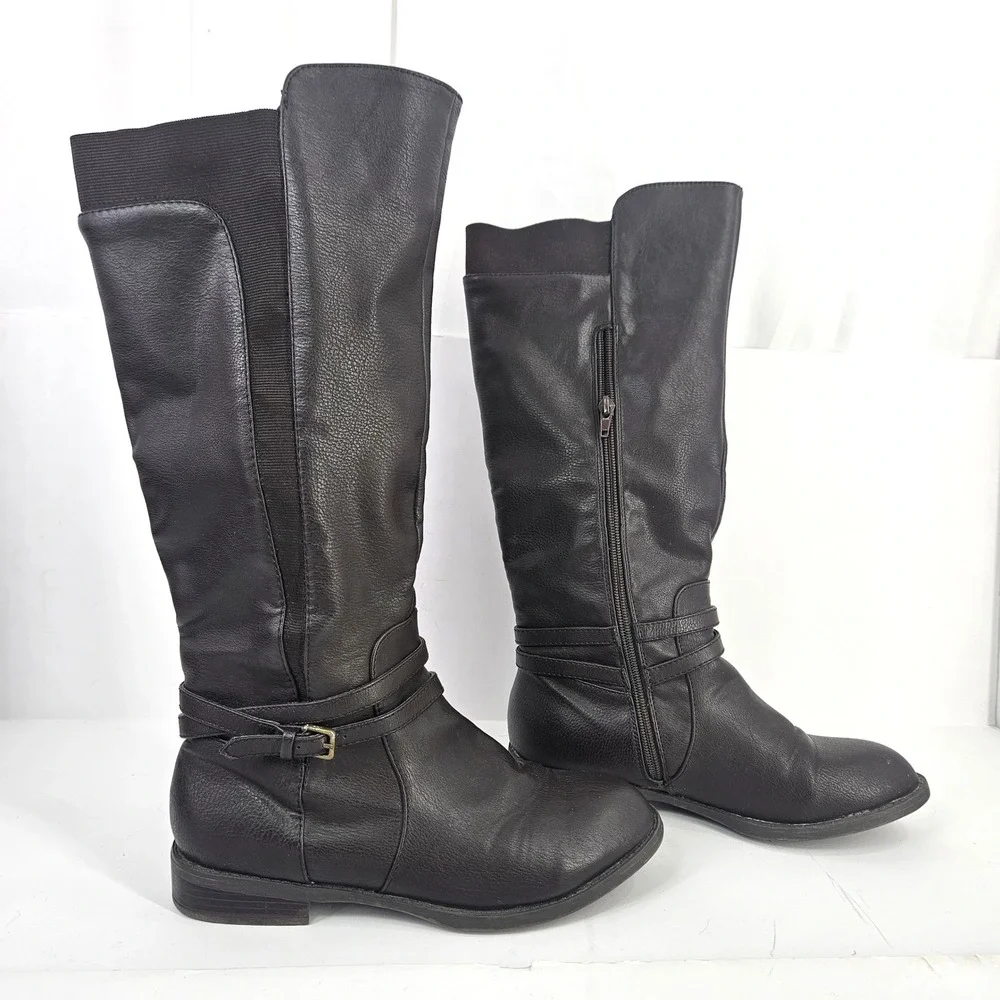 Brown Knee‎ High Tall Boots Women's Size 8 Side Zip Faux Leather Stretch Calf